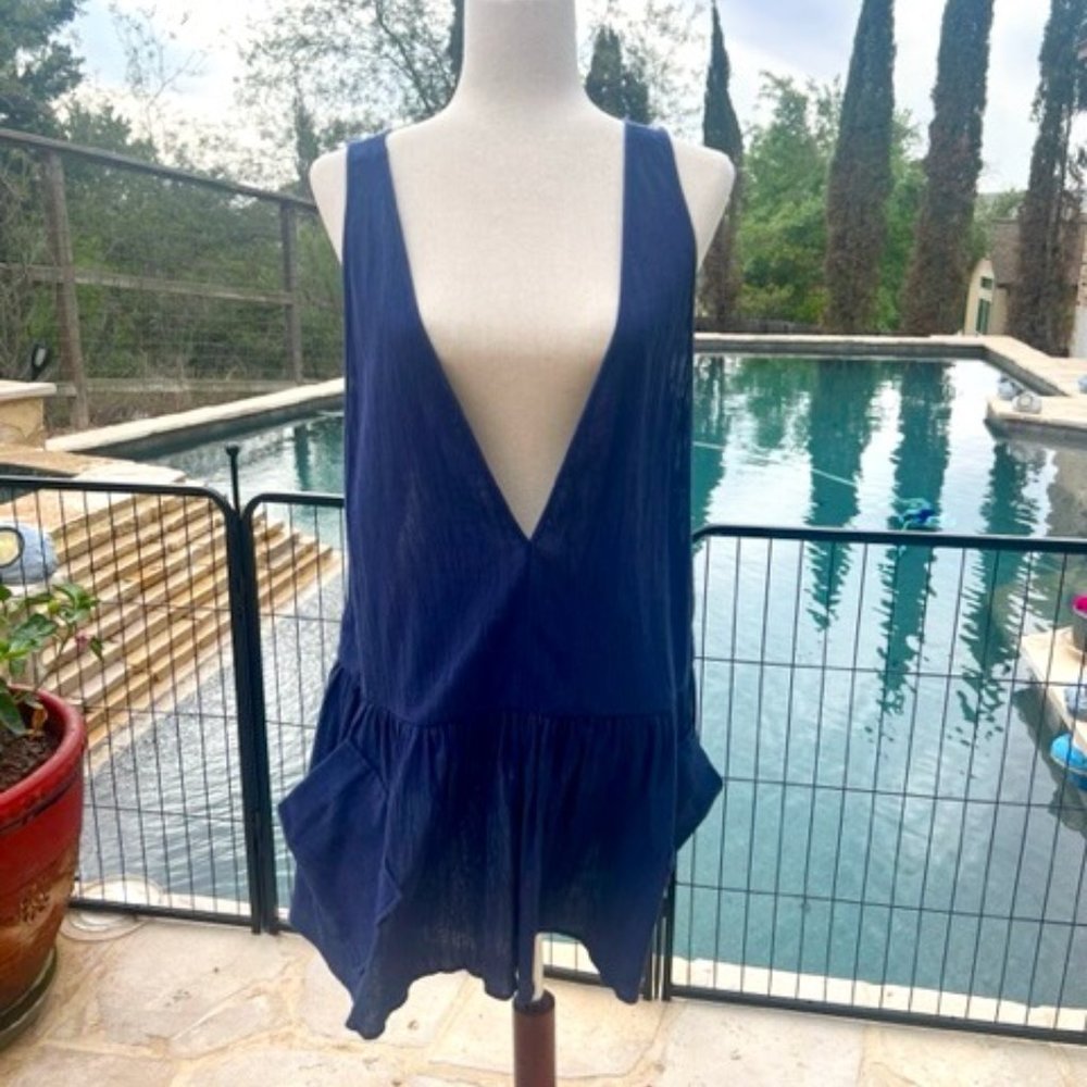 MILLY Cabana Navy Deep V Cover-Up Dress | NWT Size L | 100% Cotton